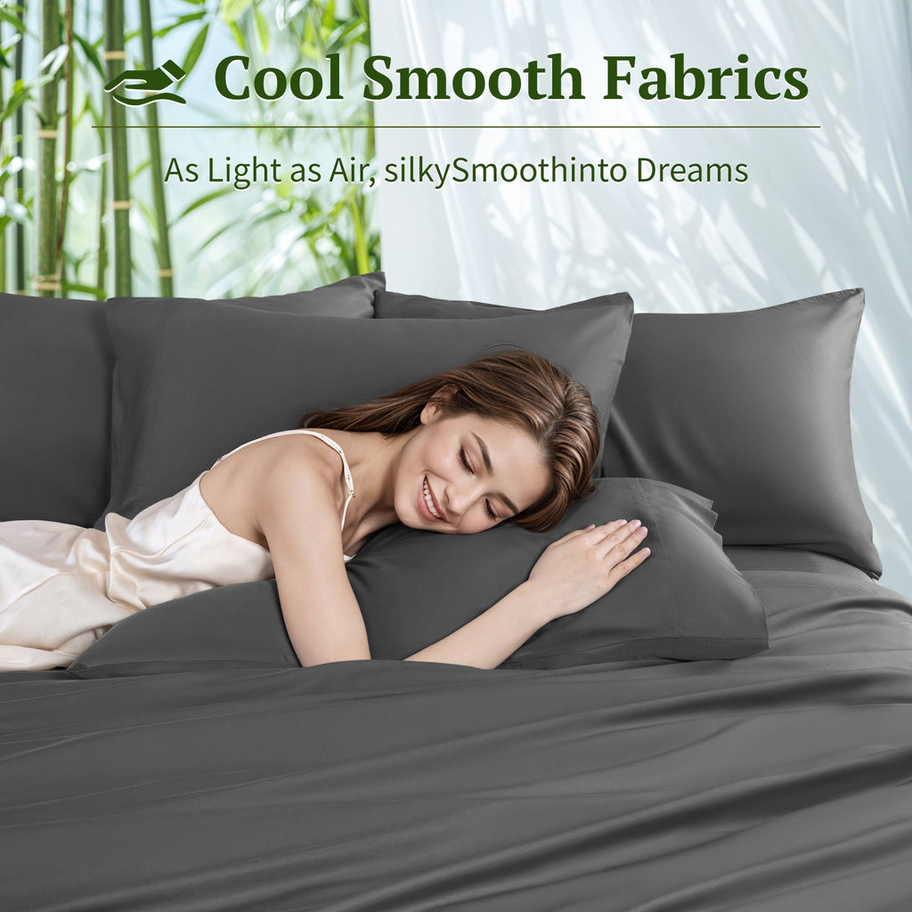 Premium Egyptian Cotton 6 Pieces Bamboo Bed Sheets Set, Luxury Rayon Derived - Deep Pockets - Wrinkle Free - Extremely Soft, Queen, Dark Gray - Breathable Egyptian Cotton Flat & Fitted Sheets Detail