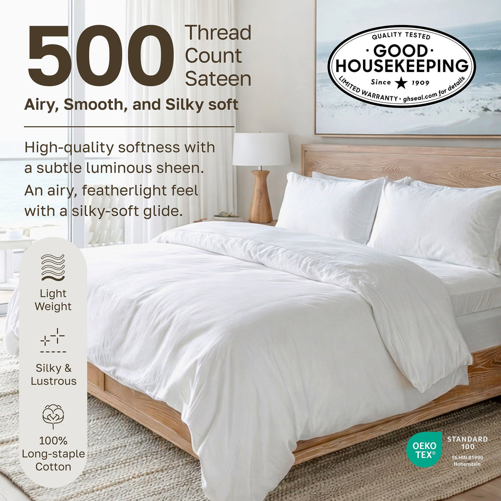 Cooling Sateen 500-Thread-Count 100% Cotton Sheet White Queen-Sheets Set, 4-Piece Extra Long-Staple Combed Cotton Bedding Sheets for... - Luxury Bed Sheet Set with Deep Pockets Detail