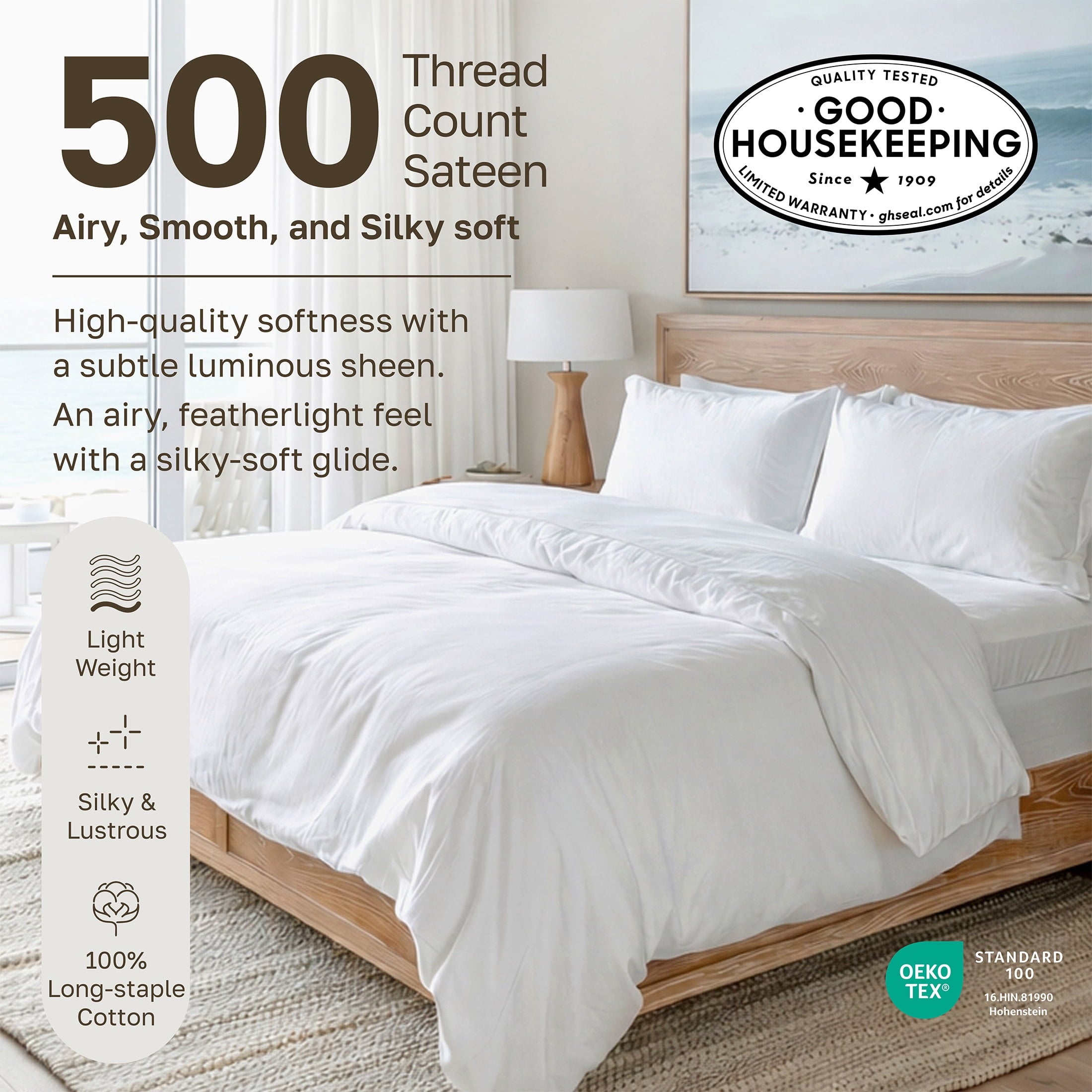 Cooling Sateen 500-Thread-Count 100% Cotton Sheet White Queen-Sheets Set, 4-Piece Extra Long-Staple Combed Cotton Bedding Sheets for... - Luxury Bed Sheet Set with Deep Pockets Detail
