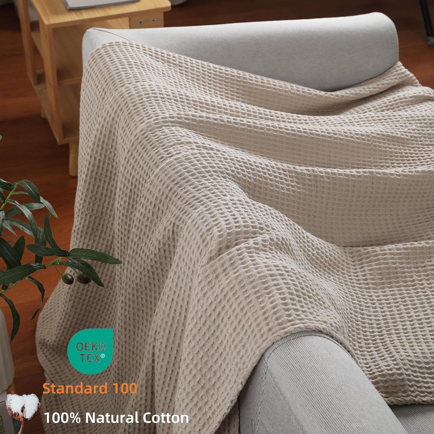 Lightweight Warm 100% Cotton Waffle Bed Blanket King Size, Throw Blanket for Couch All Seasons (Beige, 104x90) - Cozy Fleece Throw Blanket for Couch & Bed Detail