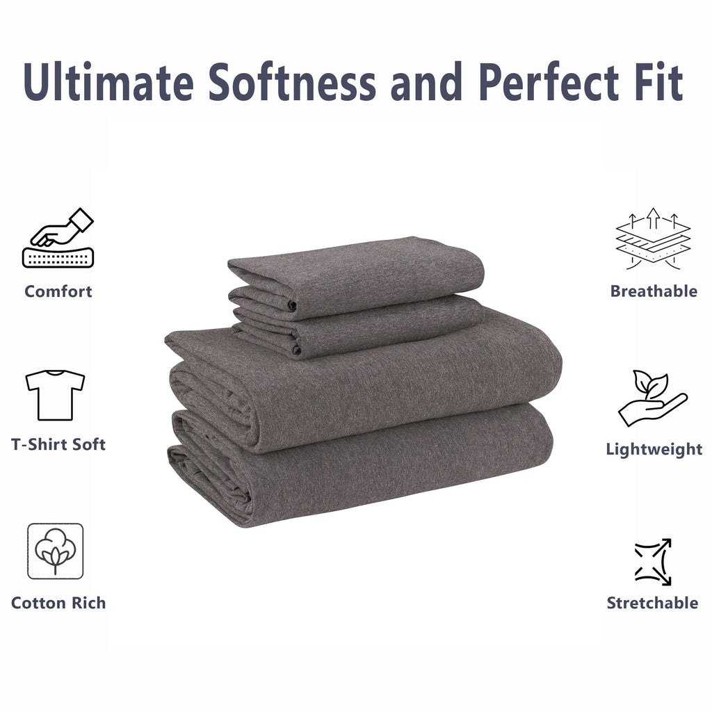Premium Egyptian Cotton Cotton Rich Extra Soft Jersey Bed Sheet Set, Queen, Charcoal, 4 Pieces - Breathable Egyptian Cotton Flat & Fitted Sheets Detail