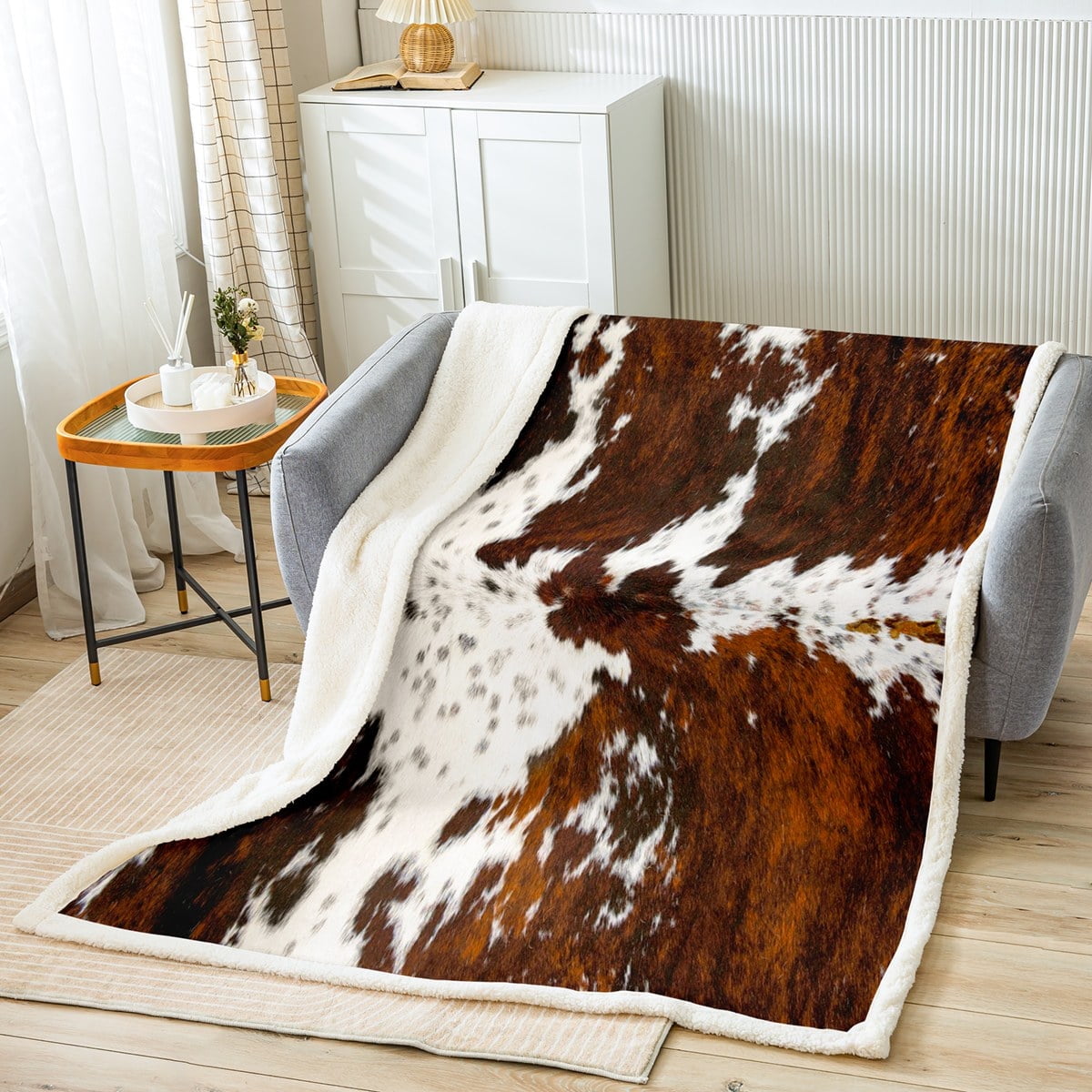 Decorative Knitted Milk Cow Print Throw Blanket for Bed Chair,Black Brown Cowhide Fleece Blanket 50"x60",Farmhouse Rustic Animal Skin We... - Luxury Knitted Decorative Throw Blanket with Fringes Detail