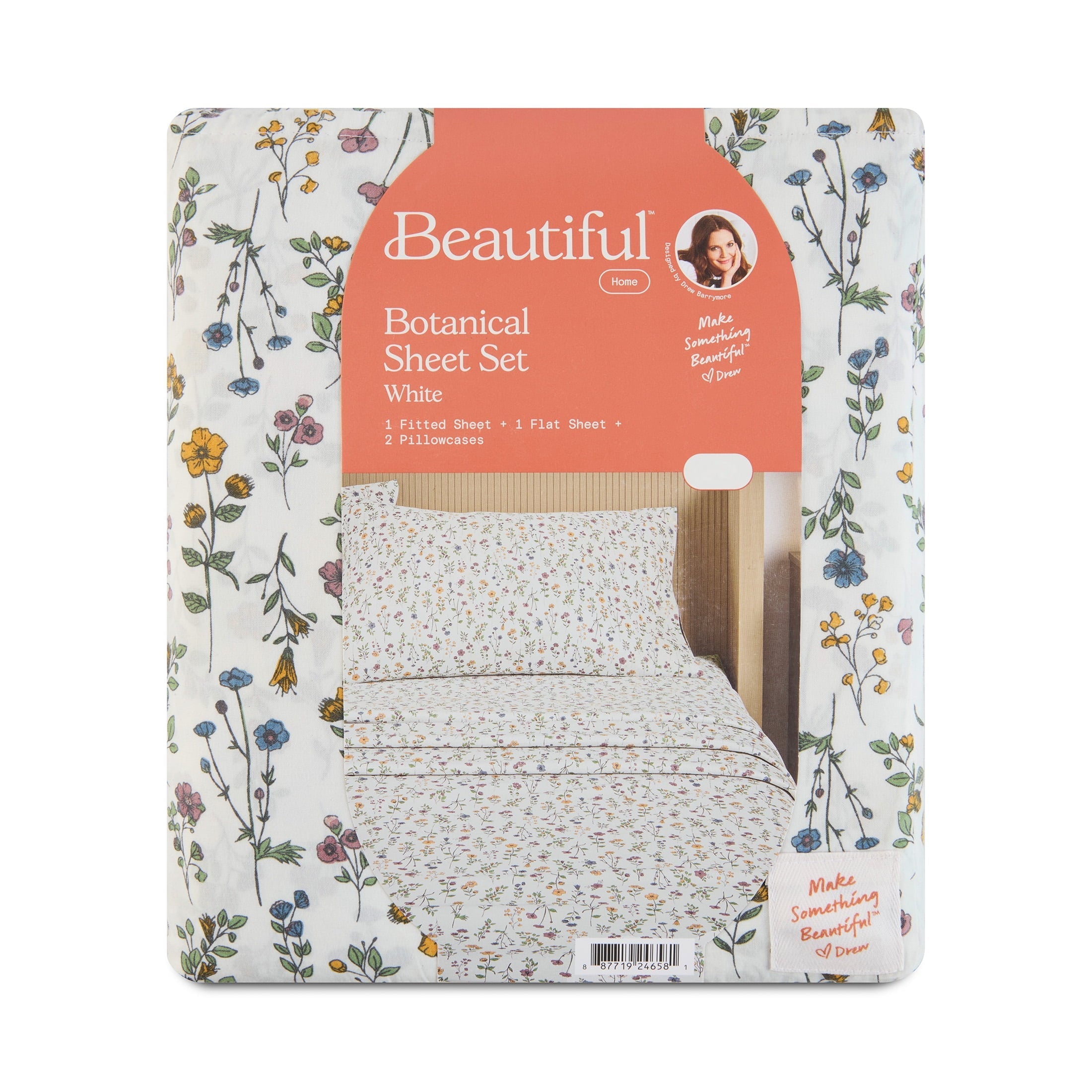 Wrinkle-Resistant Botanical 4-Piece 100% Cotton Washed Percale White Sheet Set, Queen - Premium Ultra-Soft Pillowcase Pair for Sleeping Detail
