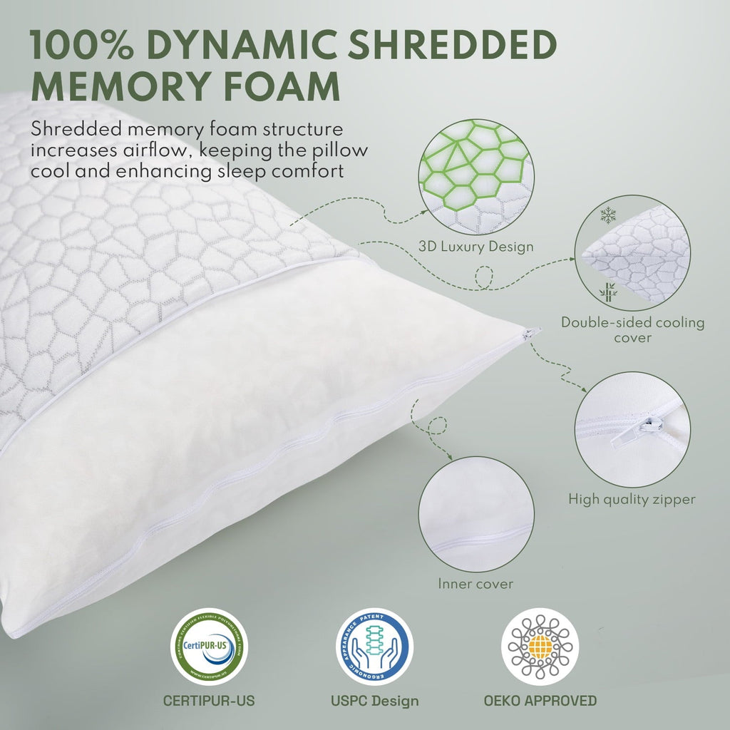 Decorative Plump Queen Size Bed Pillows 4-Pack,3.3lb Shredded Memory Foam Filled,Hyper Soft & 3D Breathable Cooling Desigh Cover Fitti... - Ergonomic Memory Foam Pillow for Neck Pain Support Detail