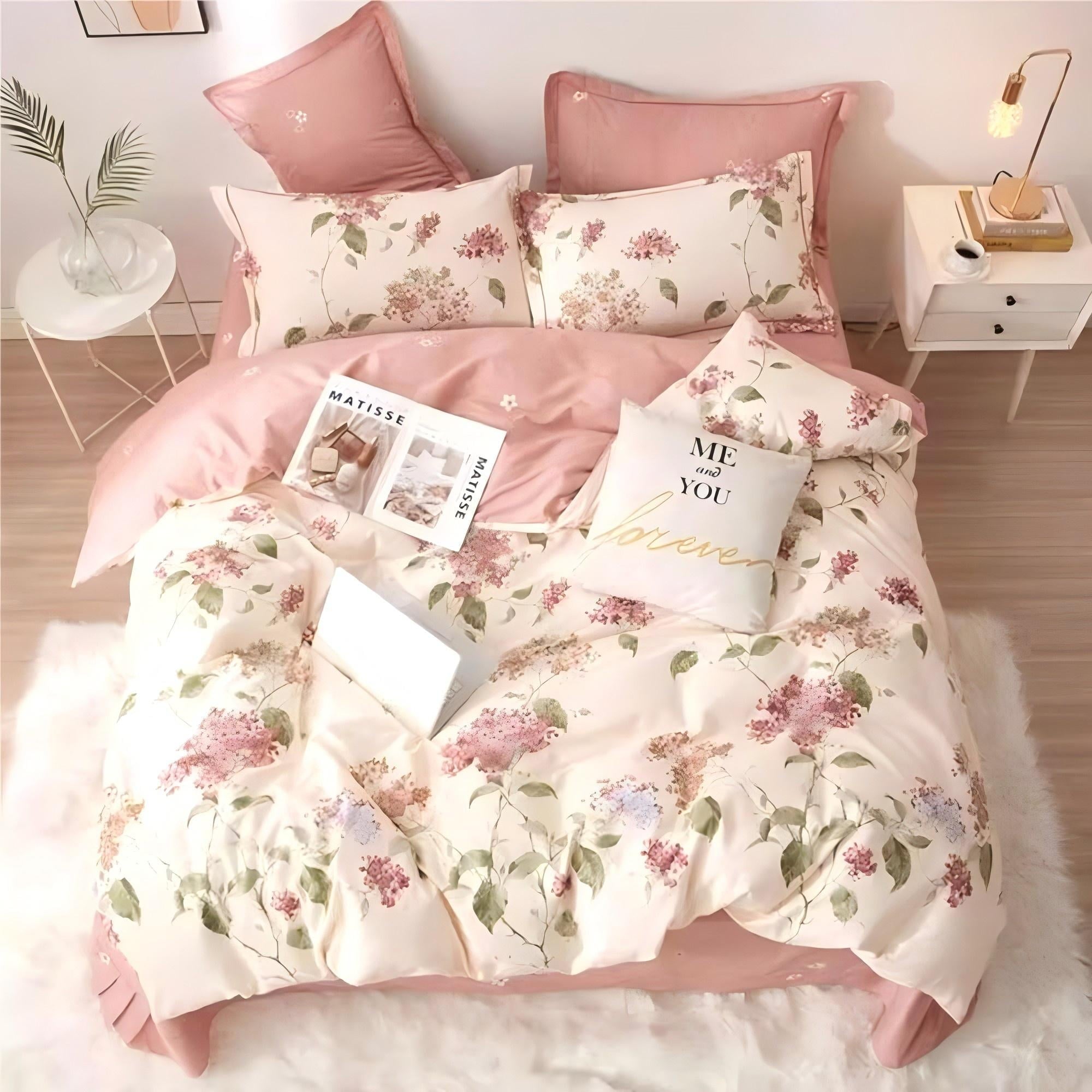 All-Season White with Pink Flowers King Comforter Sets, 3 Pieces Chic Garden Style Reversible Bedding Sets for Adults All Season - All-Season Down Alternative Comforter Insert Detail