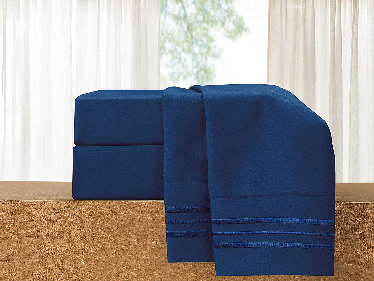 Ultra-Soft 4-Piece Microfiber Bed Sheet Set, Soft & Breathable, Wrinkle & Fade Resistant, Deep Pocket, Queen, Navy Blue - Breathable Egyptian Cotton Flat & Fitted Sheets Detail