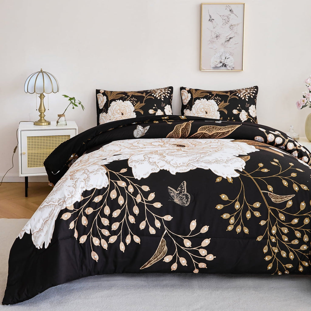 Luxurious Quilted Black Floral Comforter Set Queen, Printed Comforter White Flowers Butterfly Bedding Set, 3 Pieces Botanical Reversibl... - All-Season Down Alternative Comforter Insert Detail