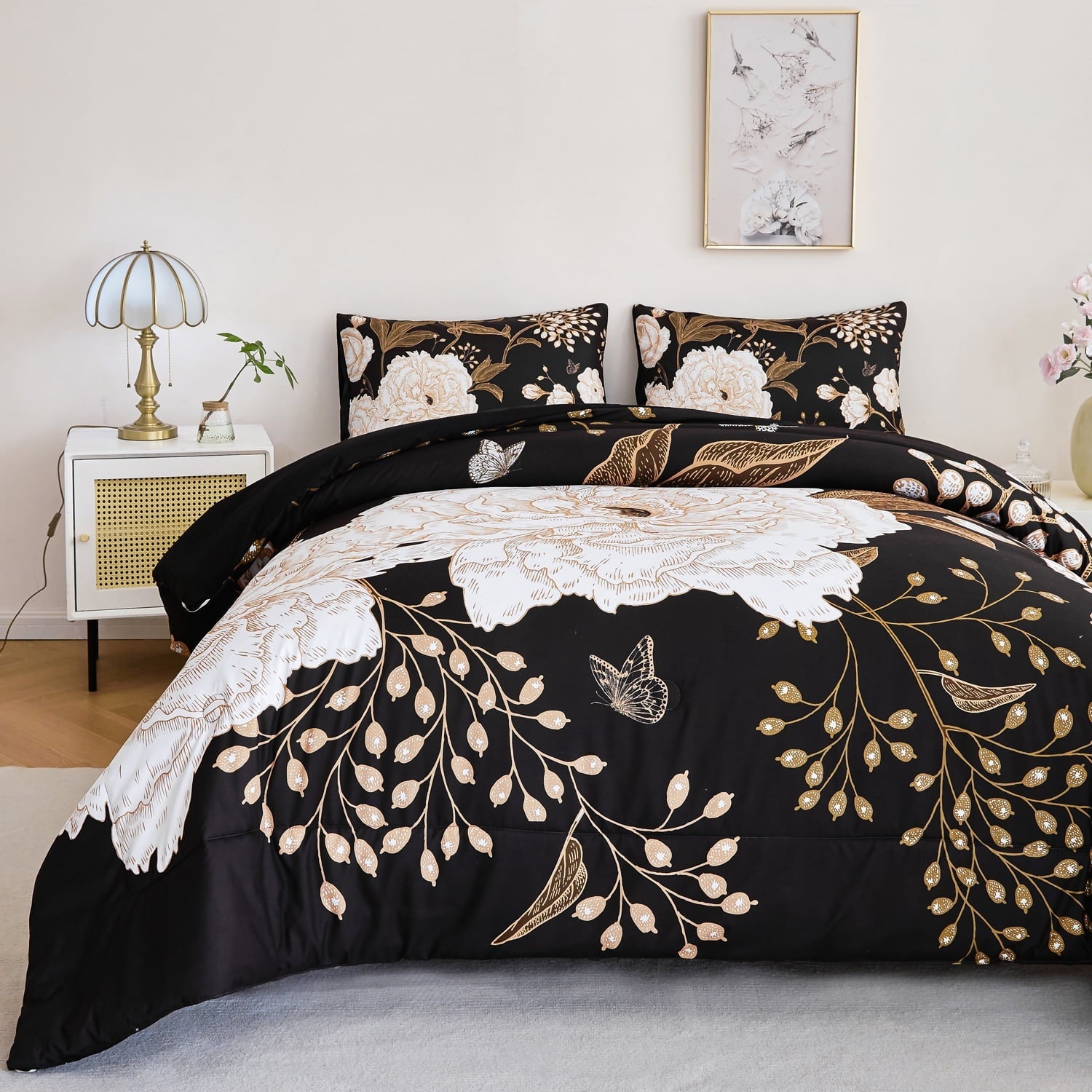 Luxurious Quilted Black Floral Comforter Set Queen, Printed Comforter White Flowers Butterfly Bedding Set, 3 Pieces Botanical Reversibl... - All-Season Down Alternative Comforter Insert Detail