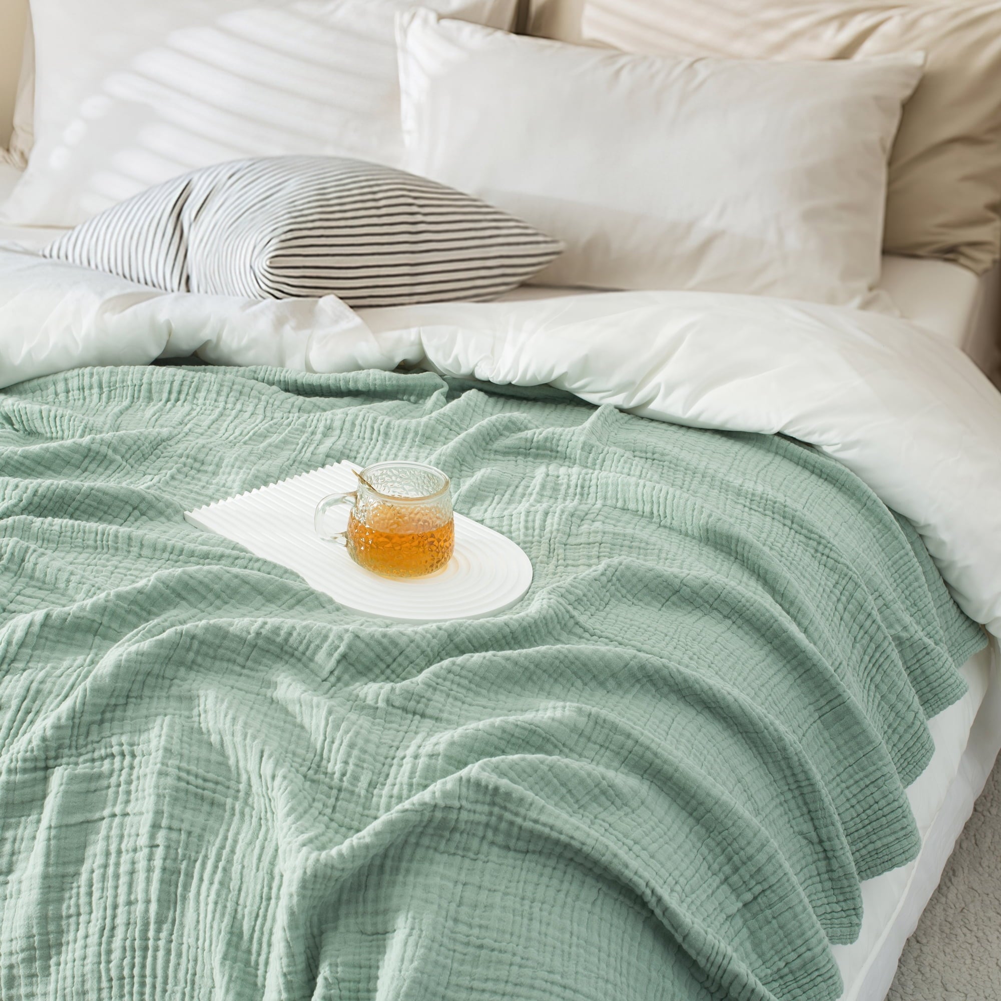 Reversible Sherpa 100% Cotton Muslin Throw Blanket Gauze Blankets for Adults Soft Throws for Bed and Couch, 50" x 70" Sage Green - Cozy Fleece Throw Blanket for Couch & Bed Detail