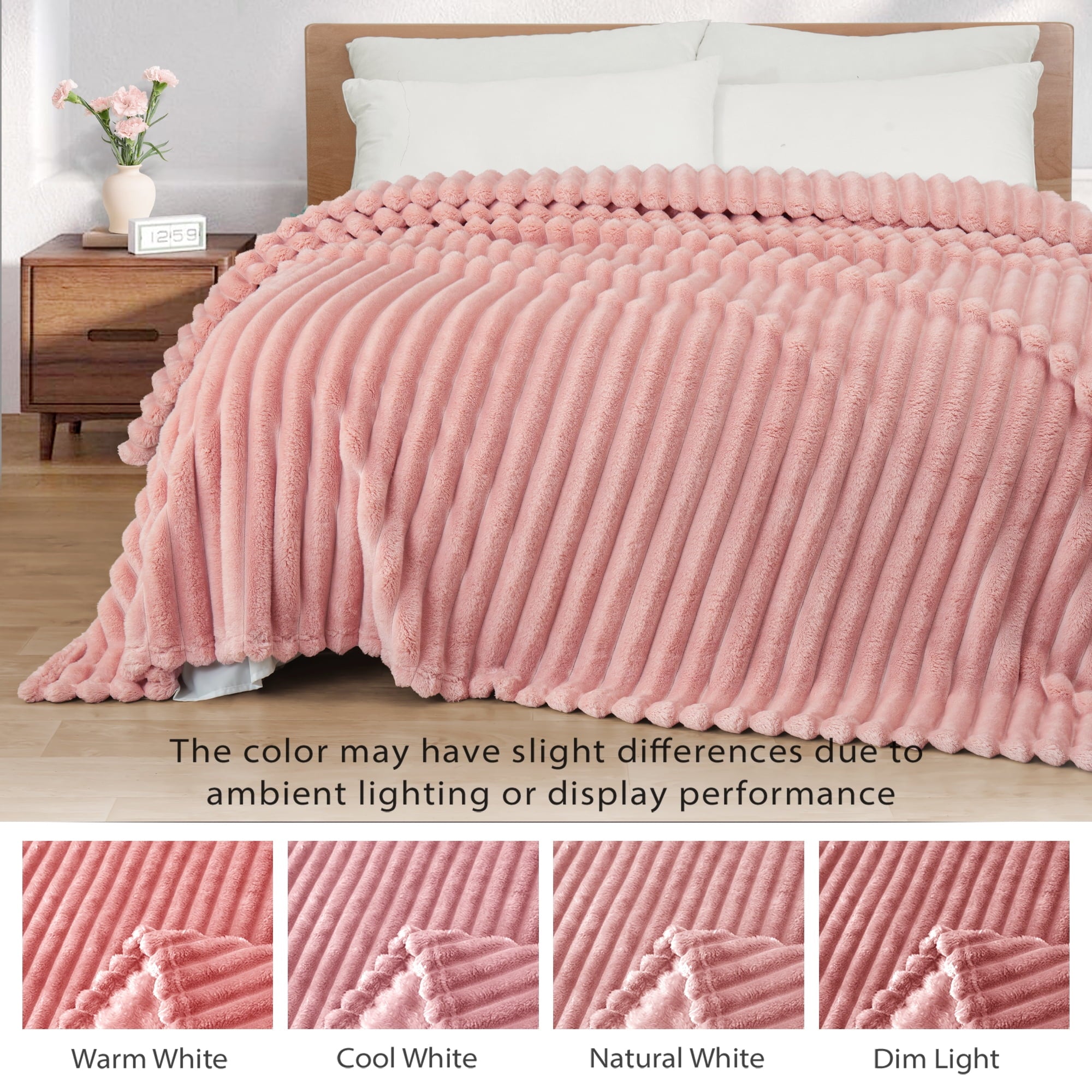 Reversible Sherpa Fleece Throw Blanket for Couch, Super Soft 3D Striped Jacquard Blanket, Lightweight Fuzzy Cozy Blankets, Pink, 50"x60" - Super Soft Reversible Sherpa Flannel Blanket Detail
