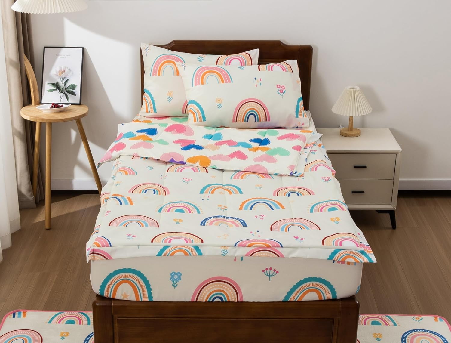 Luxurious Quilted 3-Piece Kids Comforter Set Twin Zipper Bedding for Girls, Rainbow Comforter with Flower Pattern (Beige) - Hypoallergenic Ultra-Fluffy Quilt for Winter Detail