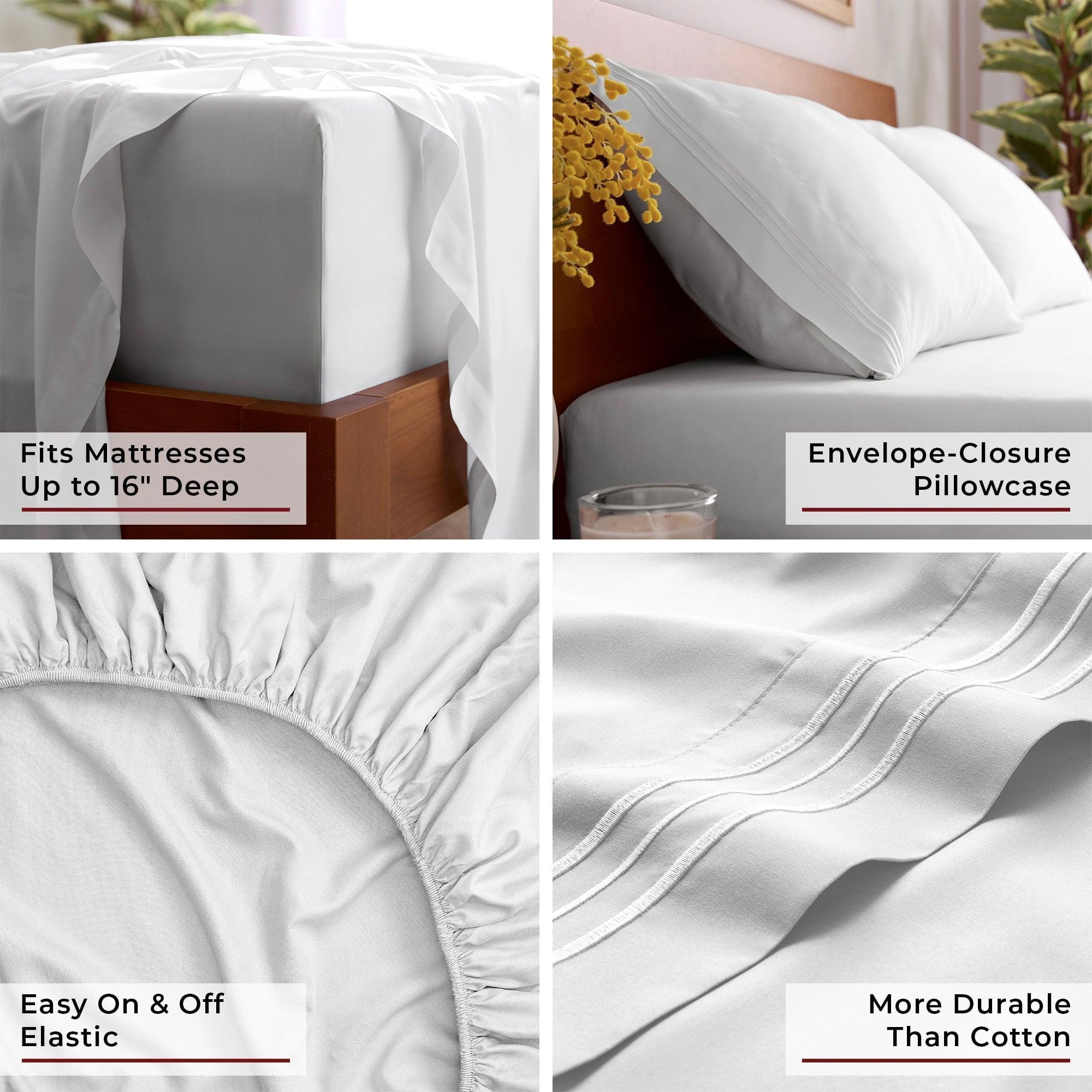 Ultra-Soft Iconic 6 Piece Bed Sheet Set Brushed Microfiber, Deep Pocket, Queen, White - Breathable Egyptian Cotton Flat & Fitted Sheets Detail