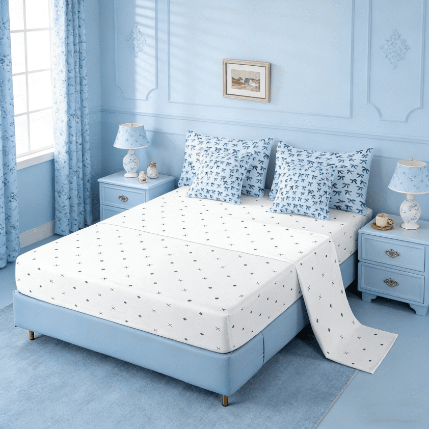 Fluffy Down Alternative Cute Bowknot Twin Bedding Sets 7-Piece,Girls Ribbon Bow Bedding Comforter Set,Dreamy Blue Sheet Sets For Girls,Super ... - Luxurious Quilted Duvet Cover Set Detail