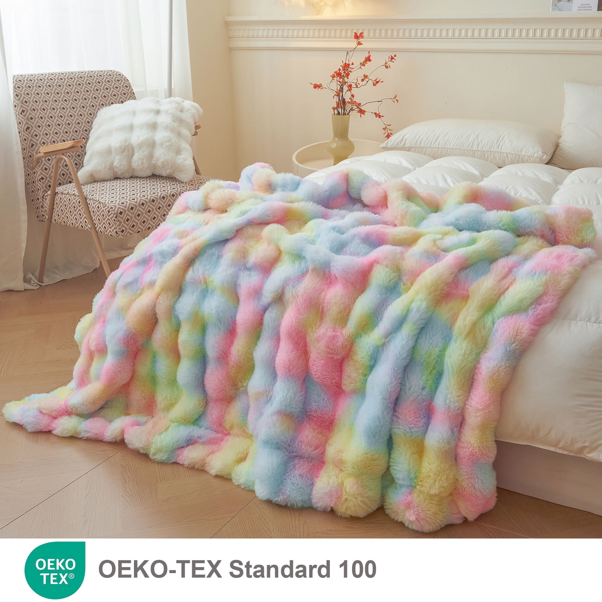 Reversible Sherpa Fluffy Faux Rabbit Fur Bubble Throw, Rainbow Plush Shaggy Blanket for Couch Sofa Chair, Soft Tie Dye Furry Blanket Ad... - Cozy Fleece Throw Blanket for Couch & Bed Detail