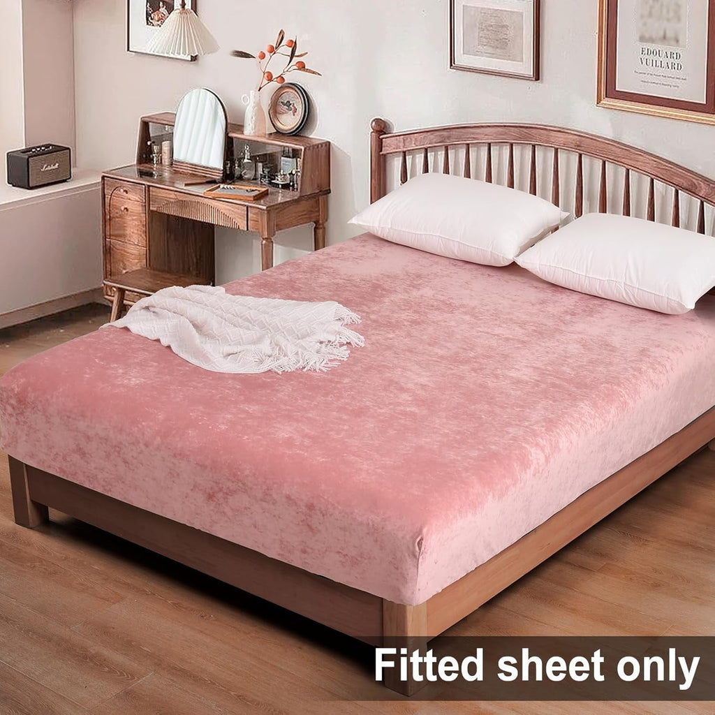 Cooling Sateen Truly Velvet Fitted Sheet Twin Size, Luxury Super Soft Flannel Bottom Sheet with 15" Deep Pocket for Winter, Pink - Cooling Hotel Quality Bedding Sheets and Pillowcases Detail