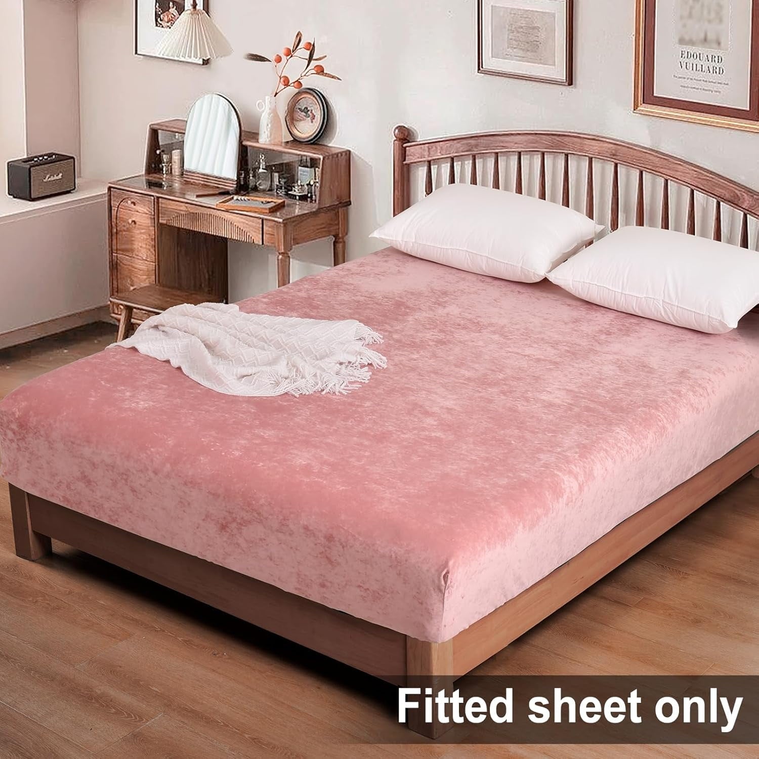 Cooling Sateen Truly Velvet Fitted Sheet Twin Size, Luxury Super Soft Flannel Bottom Sheet with 15" Deep Pocket for Winter, Pink - Cooling Hotel Quality Bedding Sheets and Pillowcases Detail