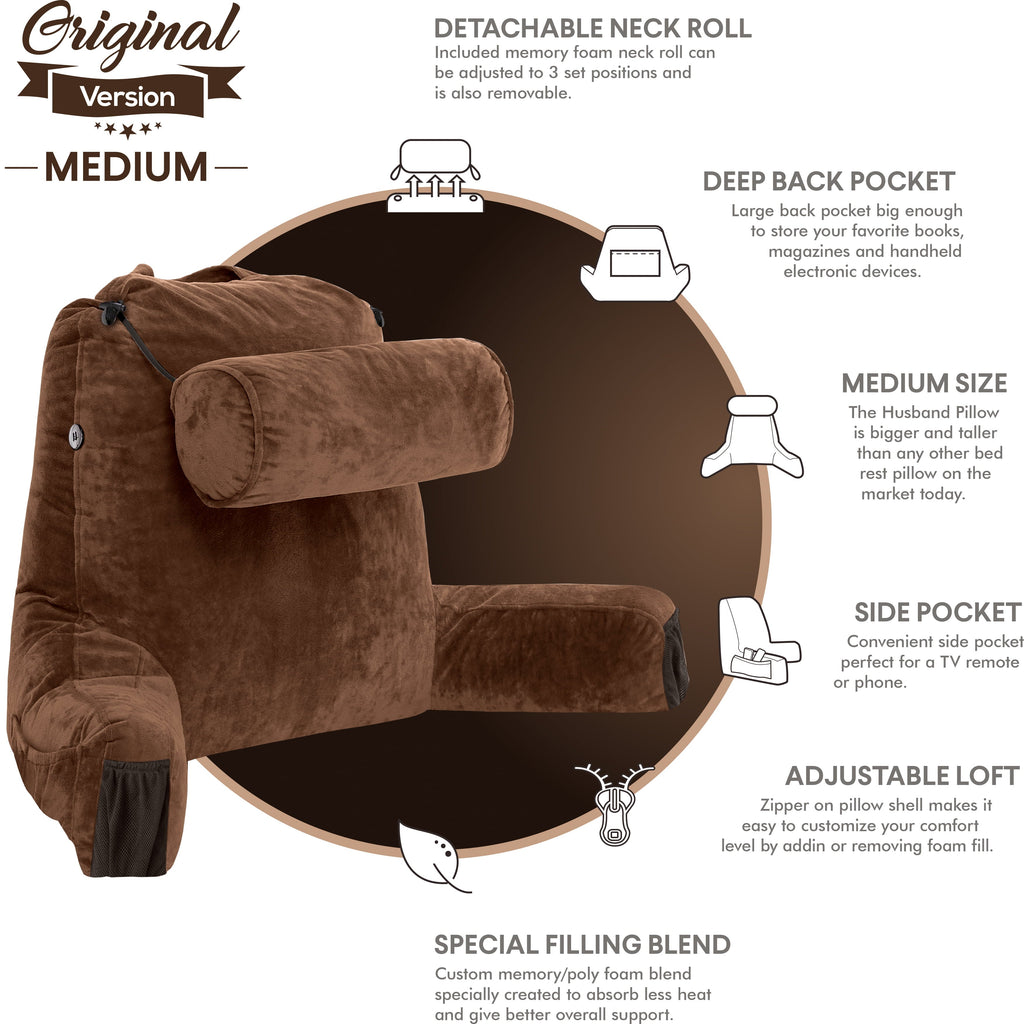 Fluffy Shredded Medium Chocolate Brown, Backrest - Detach Neck Roll, Removable Cover - Hotel Quality Plush Sleeping Pillows Detail
