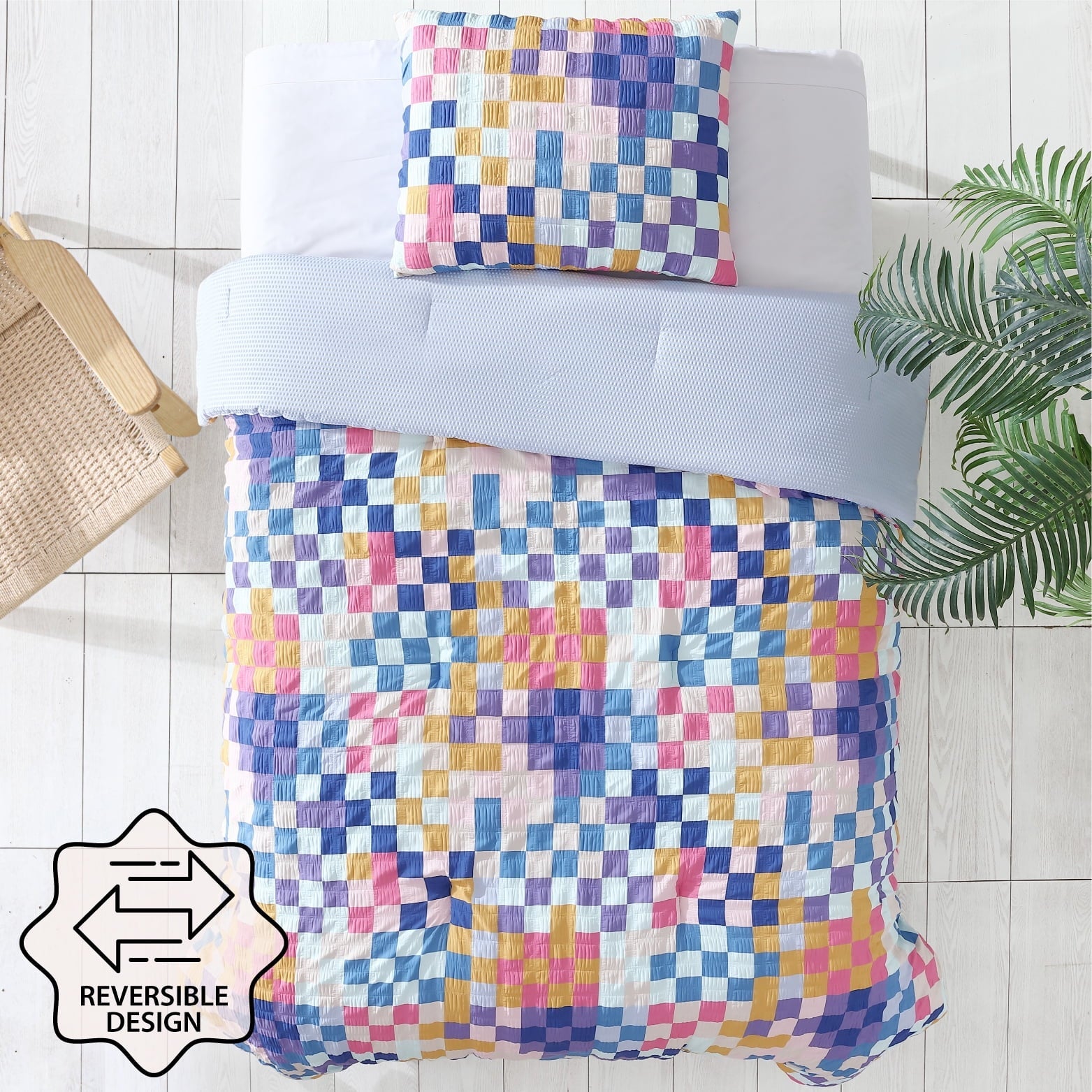 Luxurious Quilted 2-Piece Textured Multi-Check Comforter Set, Twin/TwinXL - Hypoallergenic Ultra-Fluffy Quilt for Winter Detail