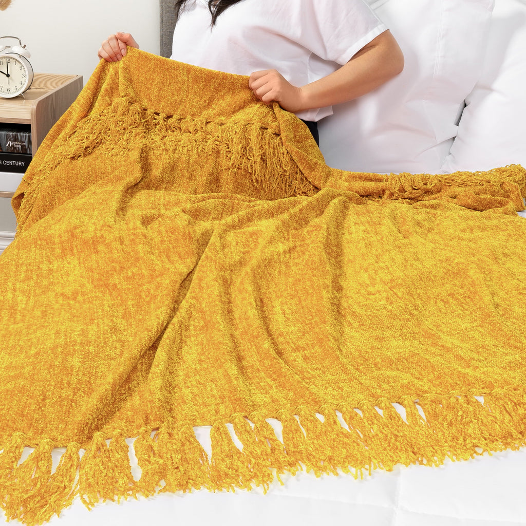 Lightweight Warm Mustard Yellow Chenille Throw Blanket for Couch, Soft Gold Knit Blanket with Tassel Fringe, Woven Chenille Knitted De... - Lightweight Plush Warm Blanket for All Seasons Detail