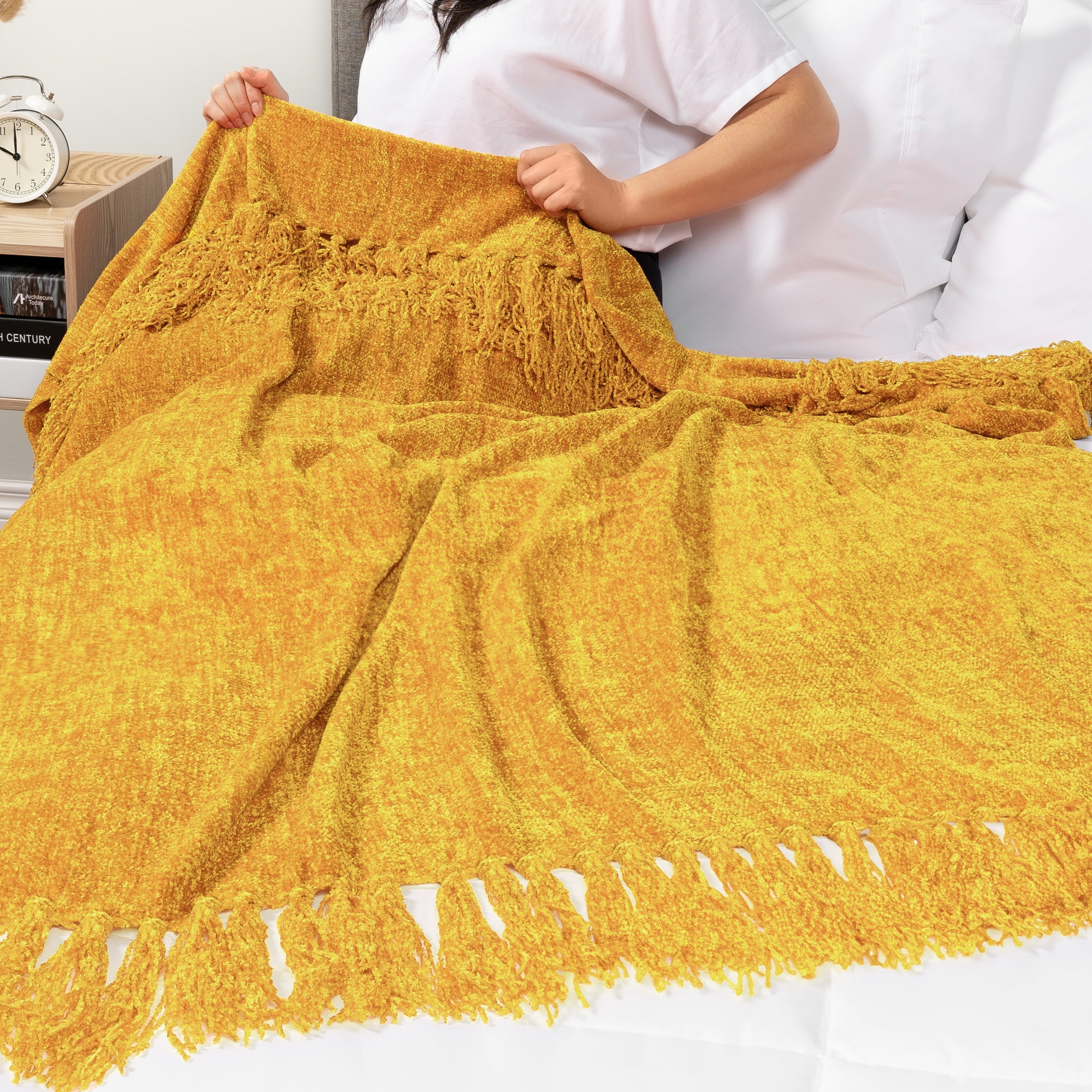 Lightweight Warm Mustard Yellow Chenille Throw Blanket for Couch, Soft Gold Knit Blanket with Tassel Fringe, Woven Chenille Knitted De... - Lightweight Plush Warm Blanket for All Seasons Detail