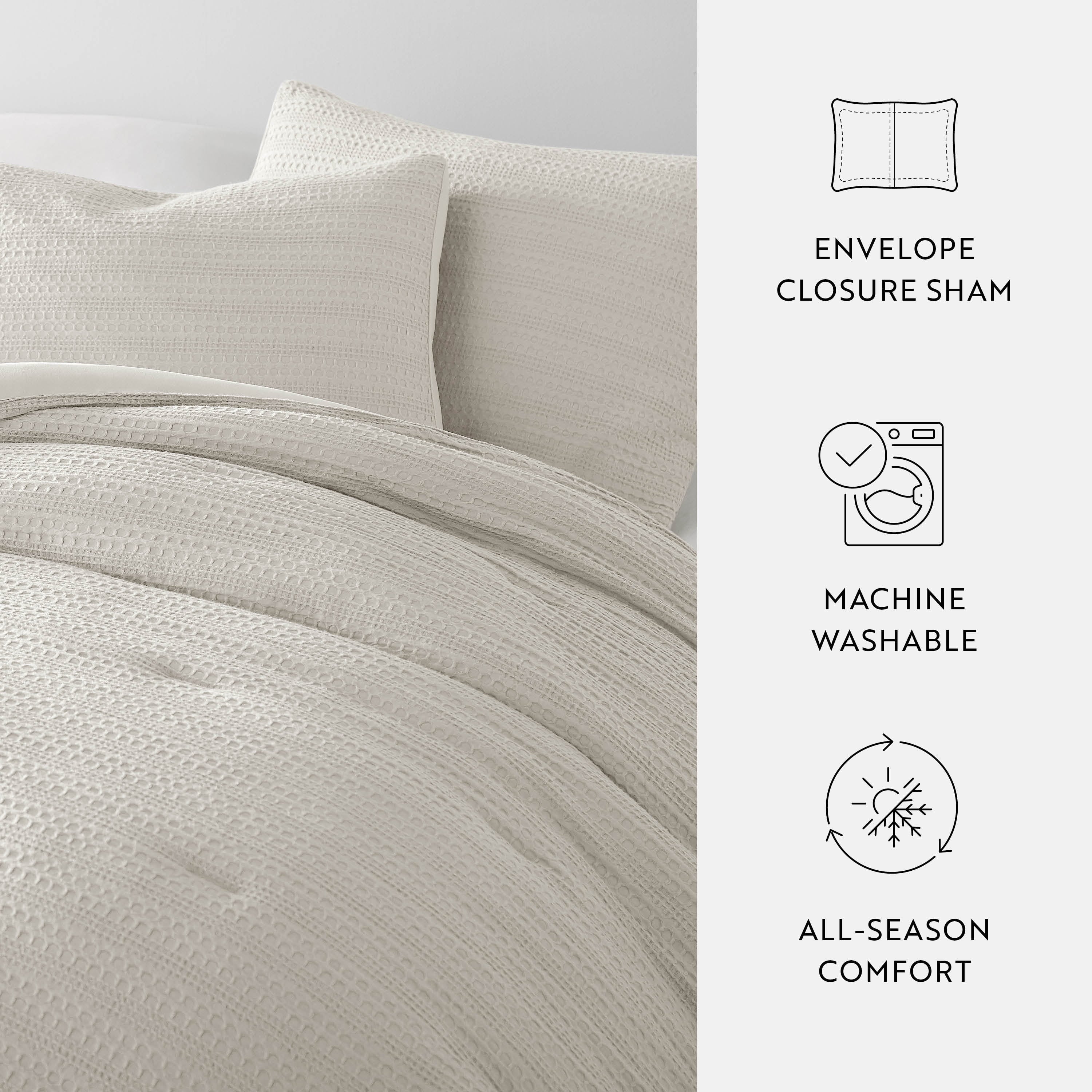 Fluffy Down Alternative Textured Waffle Comforter Set ins Natural Waffle Comforter Bedding Sets, King/Cal King Size Bedding - All-Season Down Alternative Comforter Insert Detail