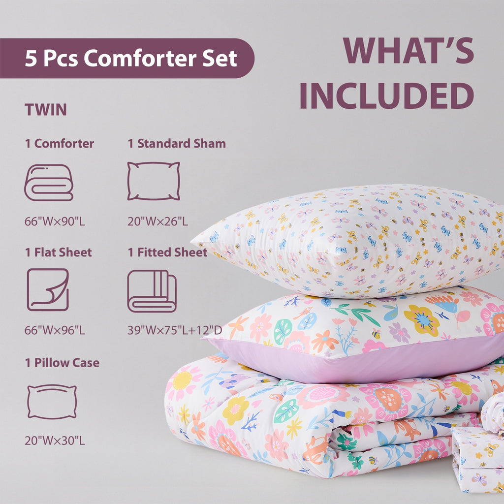 Heavyweight Warmth Floral Comforter Set, Soft Microfiber Flower Bedding Set, 5 Pieces with Comforter, Sheets and Pillowcases, Twin - Luxurious Quilted Duvet Cover Set Detail