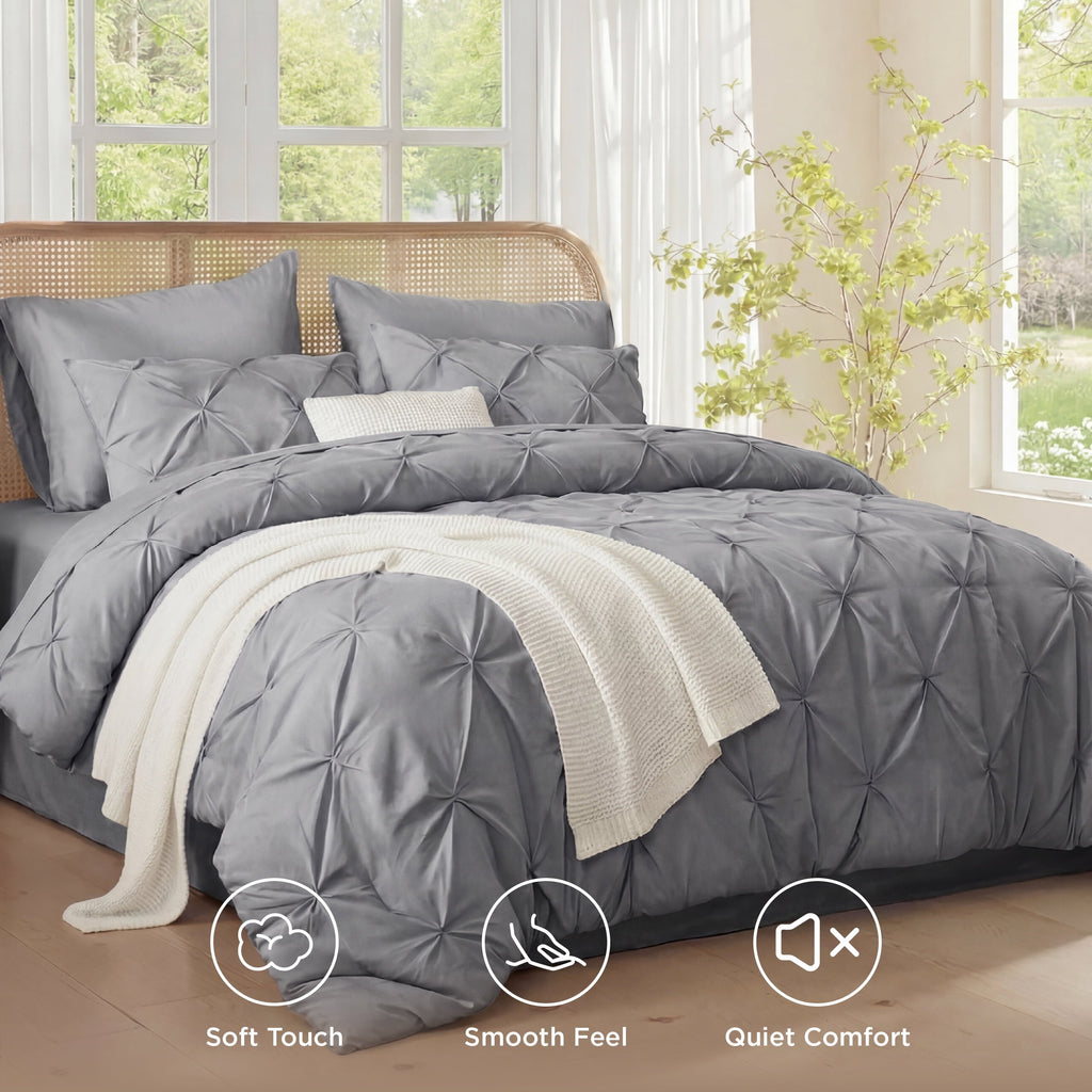 Hypoallergenic Cloud Queen Comforter Set Grey, Bed in a Bag Queen Size Bedding, 7 Pieces Pinch Pleat All Season Comforter - Cloud-Like Soft Lightweight Bed Comforter Detail