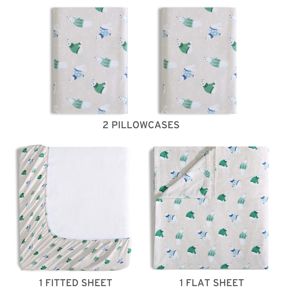 Premium Egyptian Cotton Winter Nights Cotton Flannel Sheet Set, King, Holiday Bears - Luxury Bed Sheet Set with Deep Pockets Detail