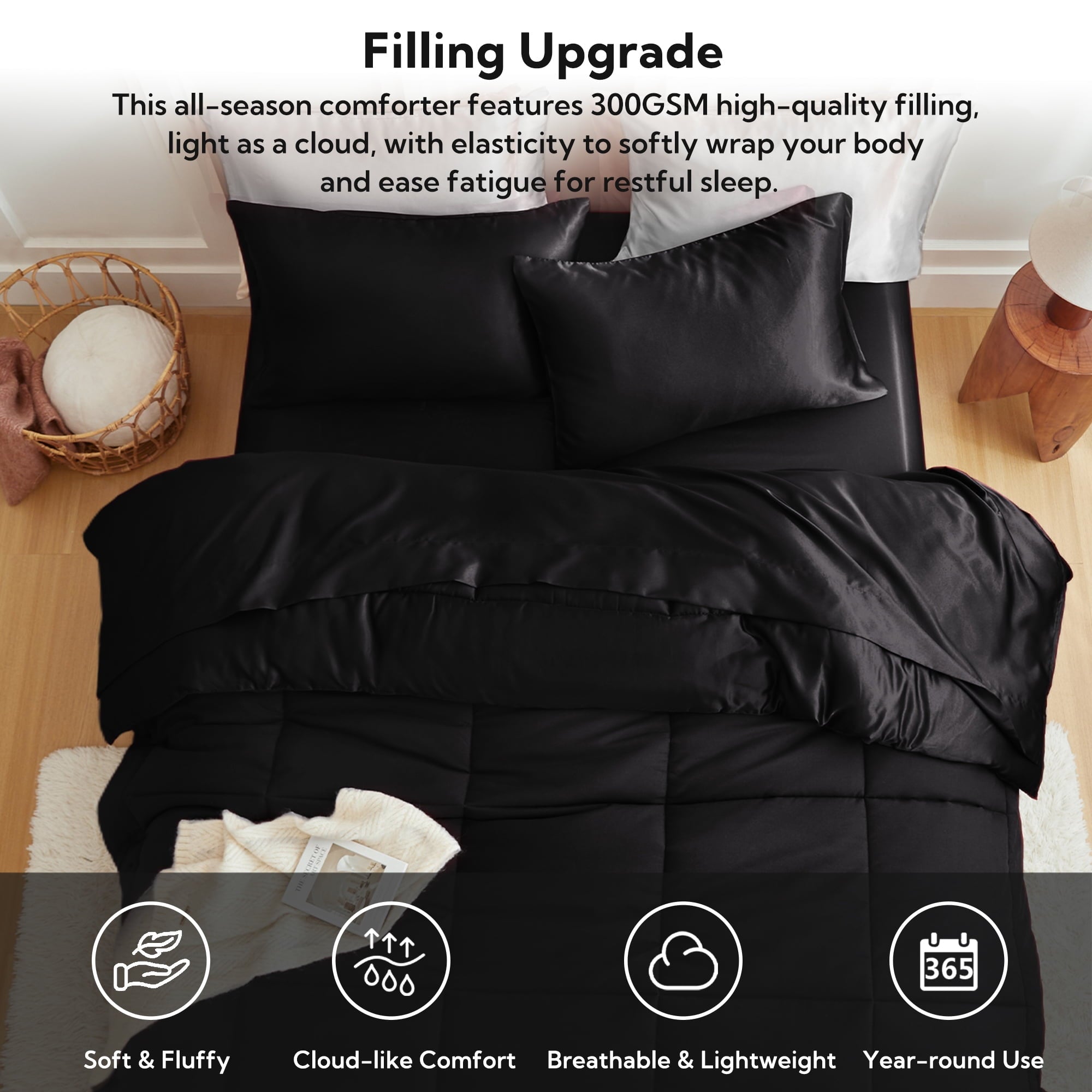 Luxurious Quilted Reversible Satin Microfiber Comforter 3 Pieces Queen Size, Black Queen Comforter Set for All Seasons, Silky Soft Sati... - Hypoallergenic Ultra-Fluffy Quilt for Winter Detail
