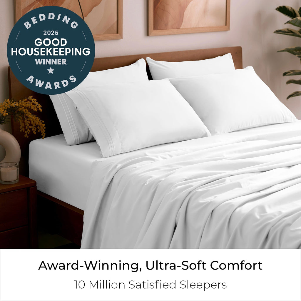 Ultra-Soft Iconic 6 Piece Bed Sheet Set Brushed Microfiber, Deep Pocket, Queen, White - Breathable Egyptian Cotton Flat & Fitted Sheets Detail
