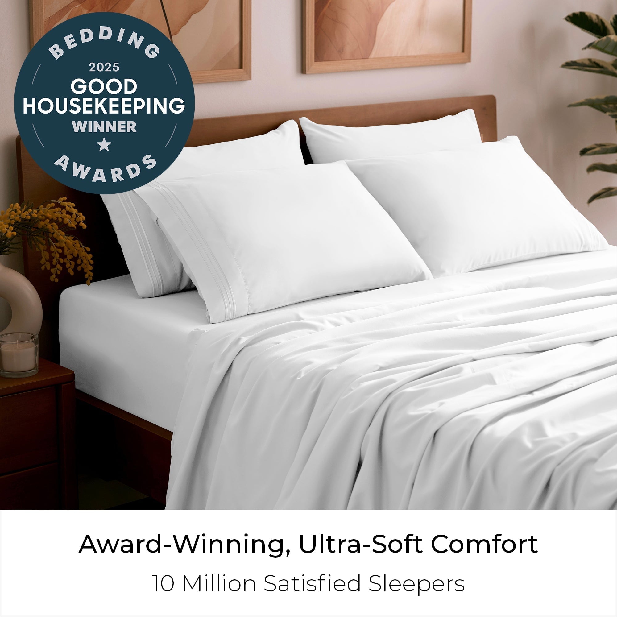 Ultra-Soft Iconic 6 Piece Bed Sheet Set Brushed Microfiber, Deep Pocket, Queen, White - Breathable Egyptian Cotton Flat & Fitted Sheets Detail