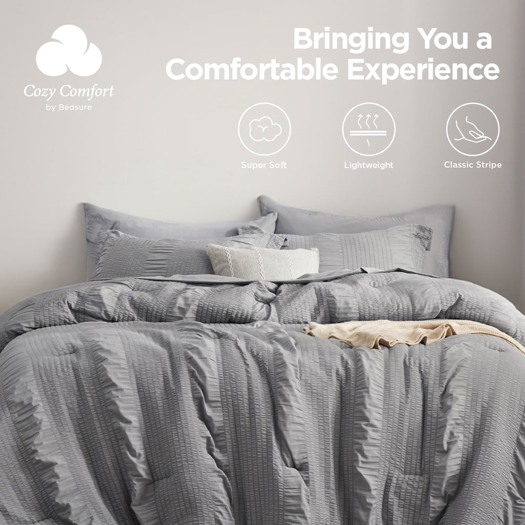 Luxurious Quilted Twin Comforter Sets 5 Pieces Stripes Seersucker Bedding Set, Bed in a Bag with Soft Comforter & Sheets, Pillowcase & ... - Cloud-Like Soft Lightweight Bed Comforter Detail