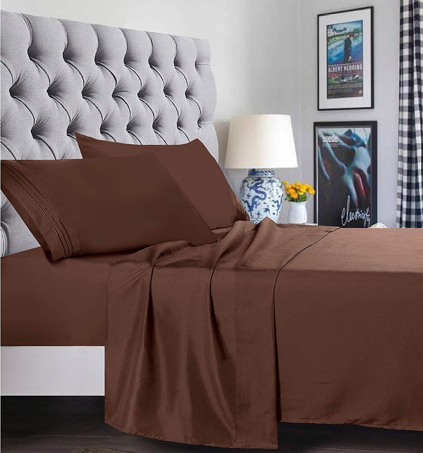 Wrinkle-Resistant 1500 Series Microfiber Bed Sheets 4-Piece Set, Deep Pocket, Twin/Twin XL Chocolate Brown - Premium Ultra-Soft Pillowcase Pair for Sleeping Detail