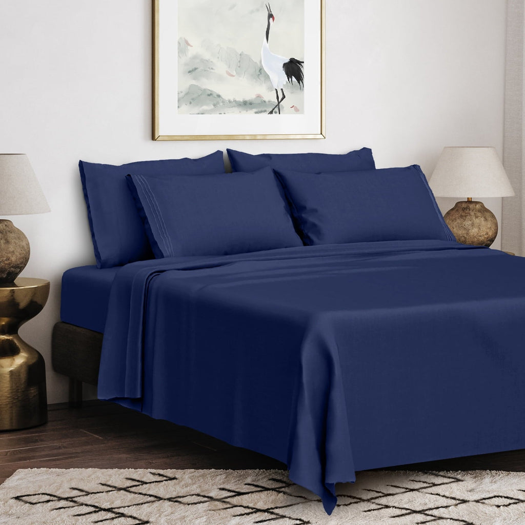 Cooling Sateen Queen Bed Sheets Set, 6 Pc Microfiber Bed Sheets, Extra Deep Pocket Queen Fitted Sheet, Flat Sheet & Pillowcases, Nav... - Luxury Bed Sheet Set with Deep Pockets Detail
