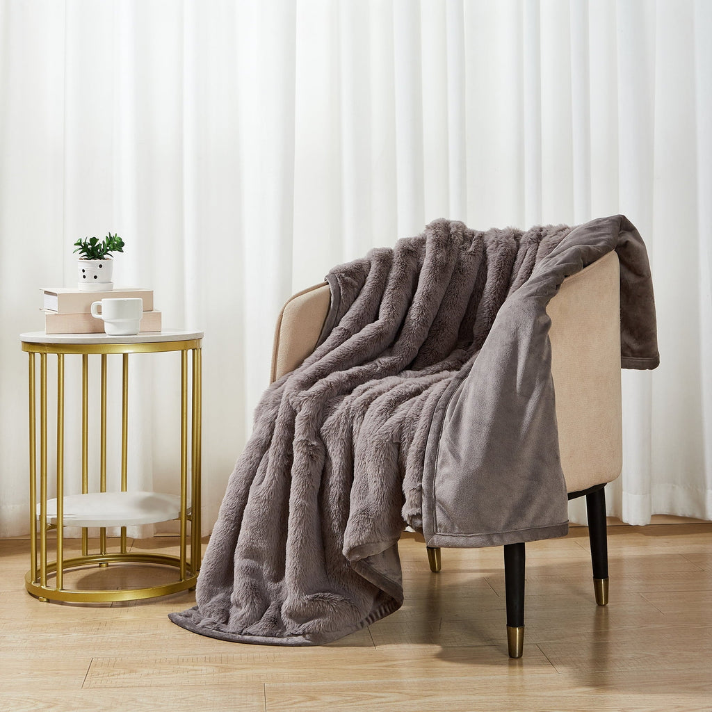 Decorative Knitted Grey Faux Fur Ultra Soft Luxury Oversized Throw Blanket 50" x 72", Grey Bisque - Luxury Knitted Decorative Throw Blanket with Fringes Detail