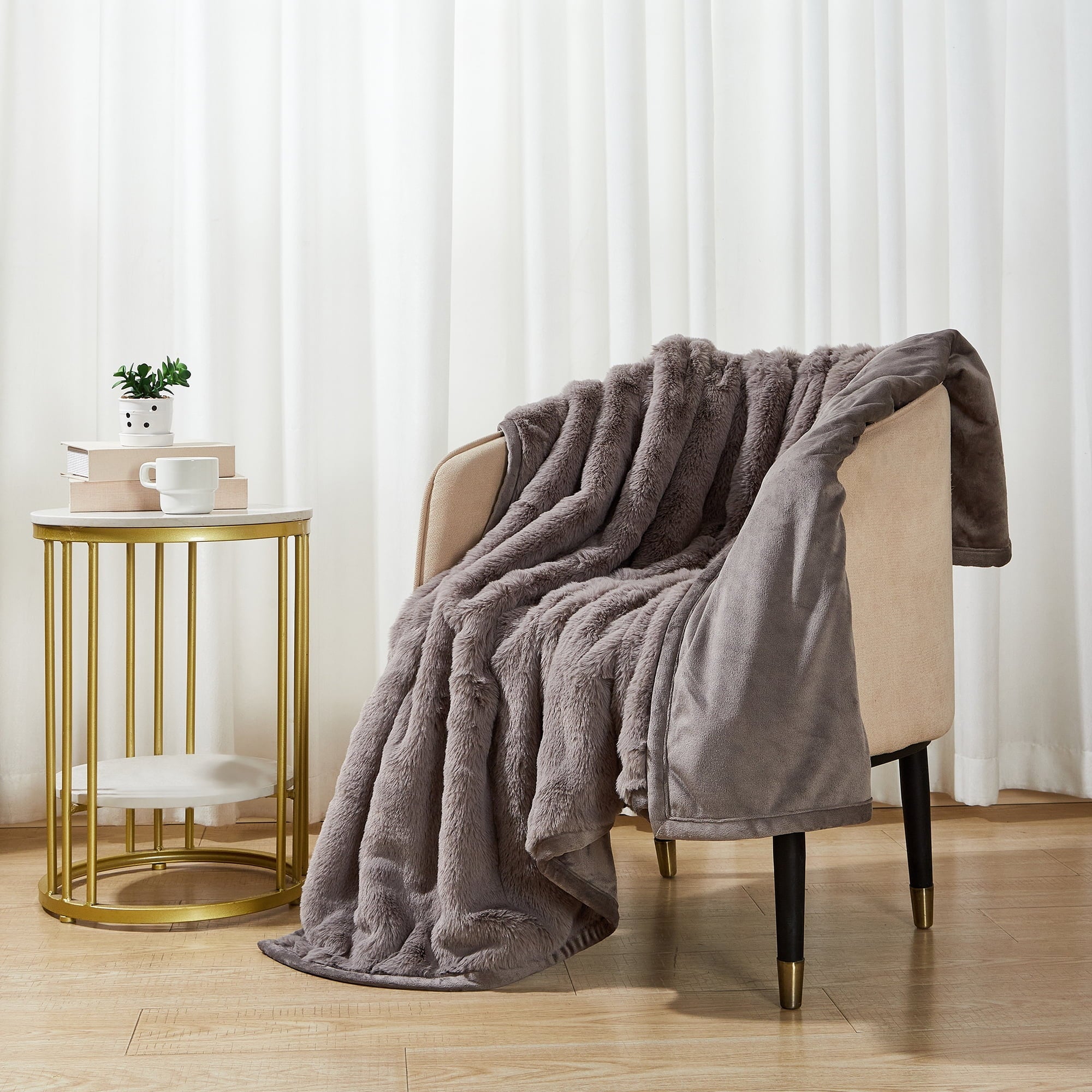 Decorative Knitted Grey Faux Fur Ultra Soft Luxury Oversized Throw Blanket 50" x 72", Grey Bisque - Luxury Knitted Decorative Throw Blanket with Fringes Detail