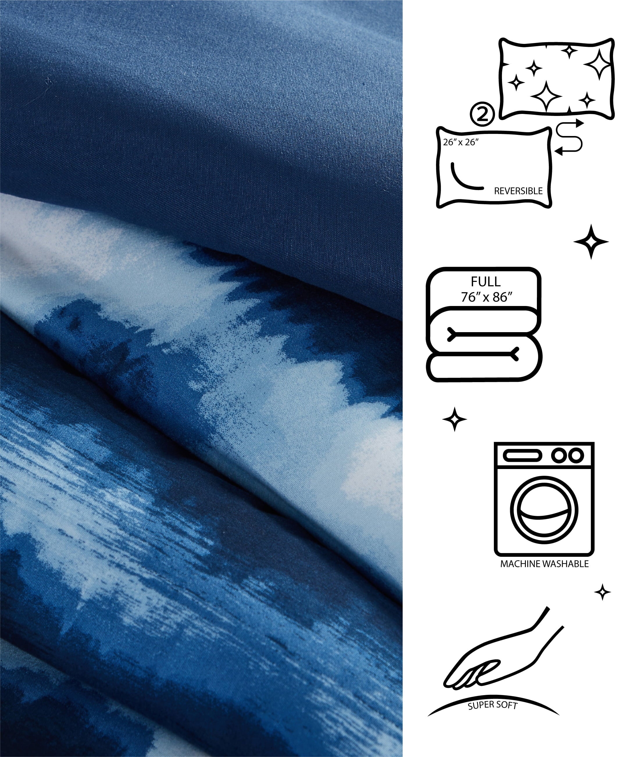 Fluffy Down Alternative Tie Dye Navy 3 Piece Comforter Set, Full - Hypoallergenic Ultra-Fluffy Quilt for Winter Detail