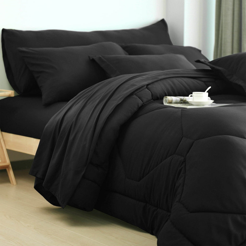 Fluffy Down Alternative 8 PCS Modern Comforter Set with Sheets All Season Bed in a Bag, Black, Queen Size - All-Season Down Alternative Comforter Insert Detail