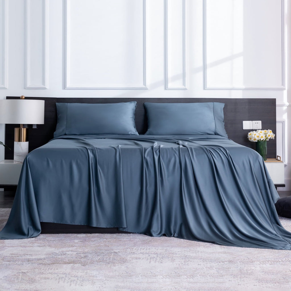 Premium Egyptian Cotton Luxury Bamboo Bed Sheets Set Full 4 Pcs for Adult,Soft&Cool,16" Deep Pocket,Blue Gray - Breathable Egyptian Cotton Flat & Fitted Sheets Detail
