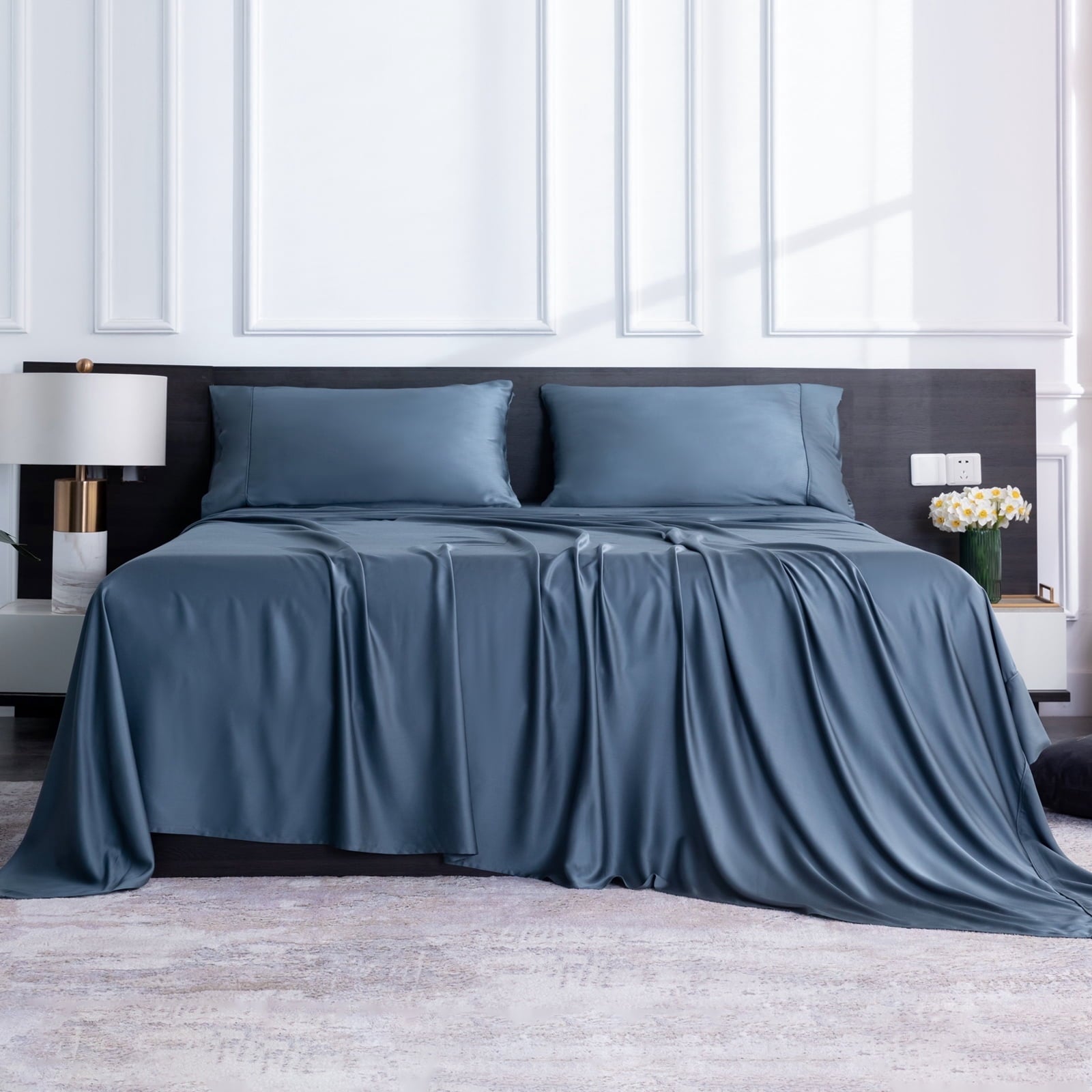 Premium Egyptian Cotton Luxury Bamboo Bed Sheets Set Full 4 Pcs for Adult,Soft&Cool,16" Deep Pocket,Blue Gray - Breathable Egyptian Cotton Flat & Fitted Sheets Detail