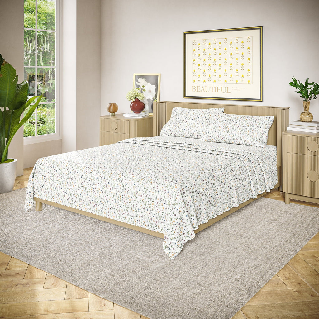 Wrinkle-Resistant Botanical 4-Piece 100% Cotton Washed Percale White Sheet Set, Queen - Premium Ultra-Soft Pillowcase Pair for Sleeping Detail