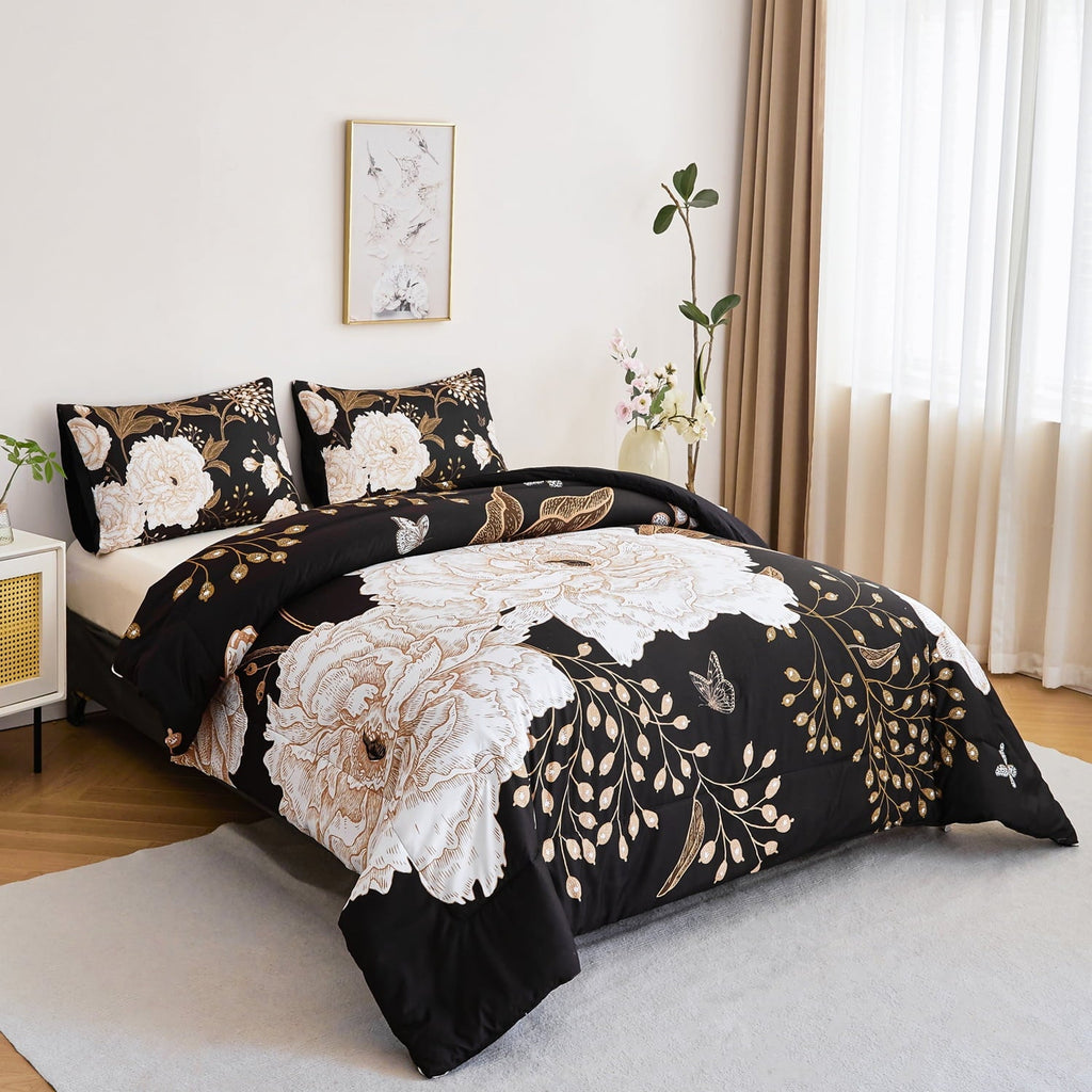 Luxurious Quilted Black Floral Comforter Set Queen, Printed Comforter White Flowers Butterfly Bedding Set, 3 Pieces Botanical Reversibl... - All-Season Down Alternative Comforter Insert Detail