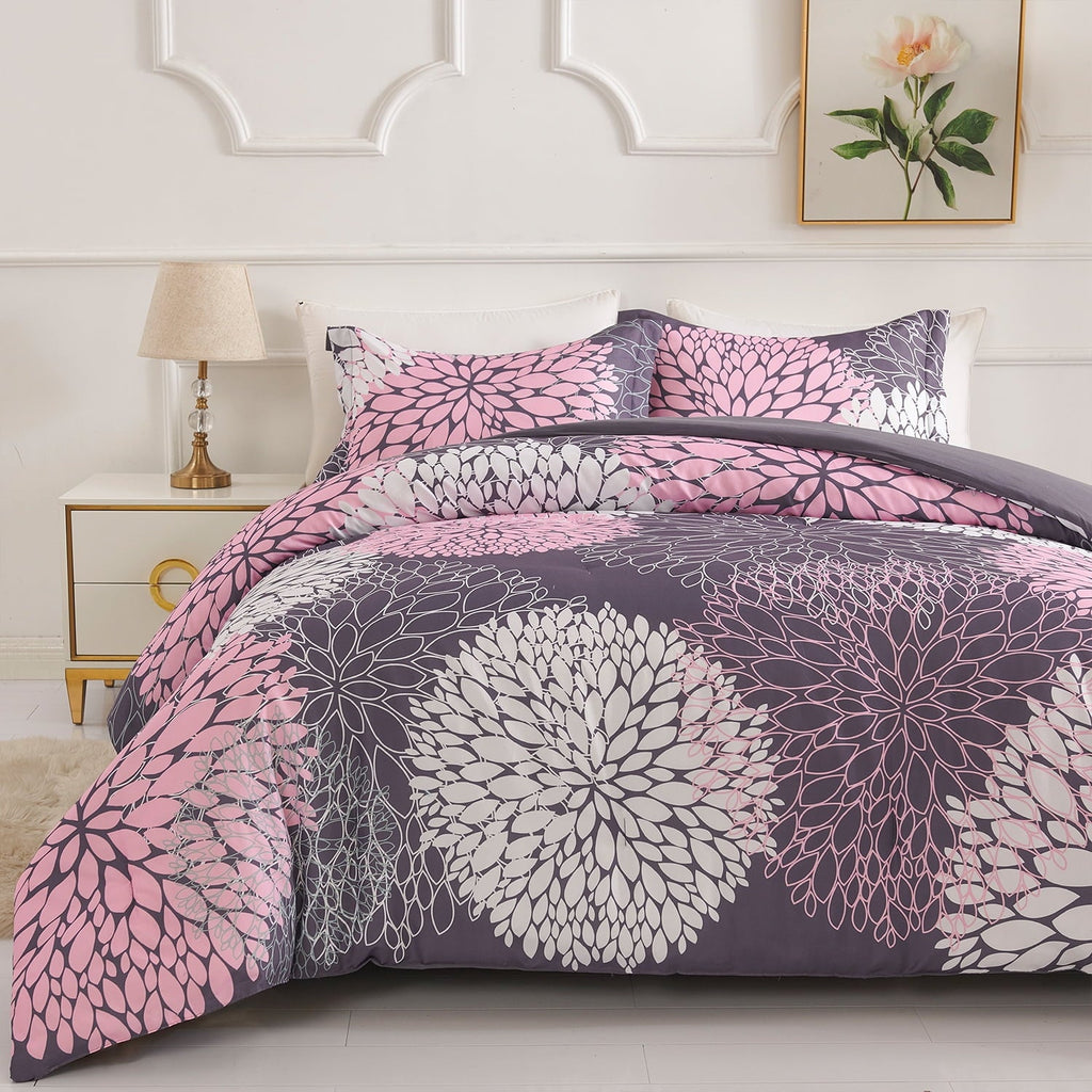 Fluffy Down Alternative 2 Pieces Pink Floral Comforter Set Twin Size, Botanical Bedding Sets with Cute Flowers Printing for Teen Girls - Luxurious Quilted Duvet Cover Set Detail