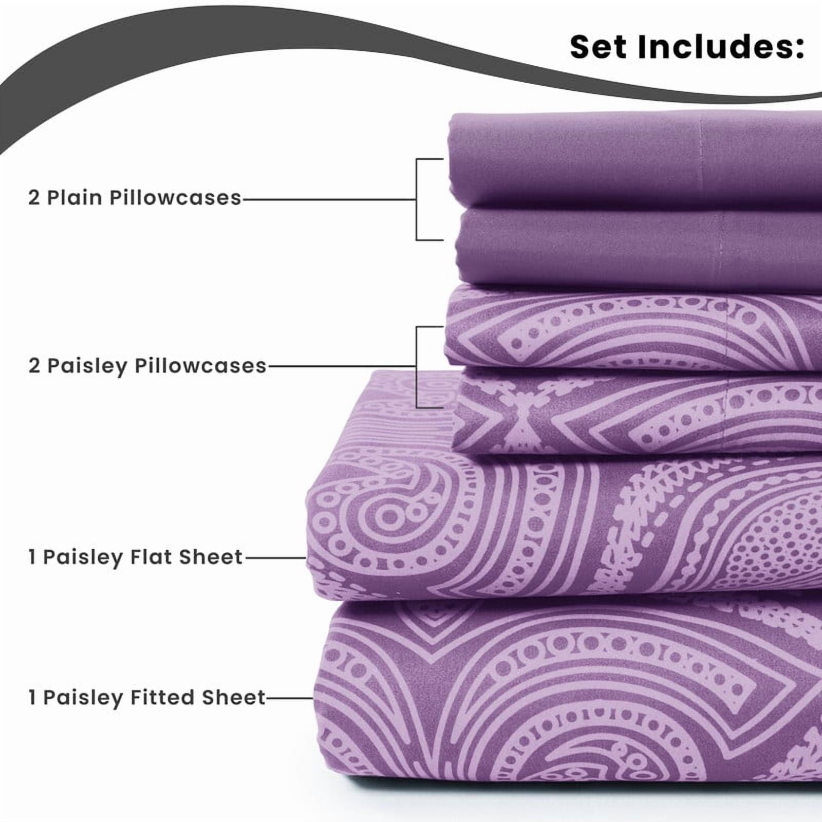 Ultra-Soft Paisley Printed Queen Bed Sheets Set, Microfiber 6 Piece Bedding Set - Purple - Luxury Bed Sheet Set with Deep Pockets Detail