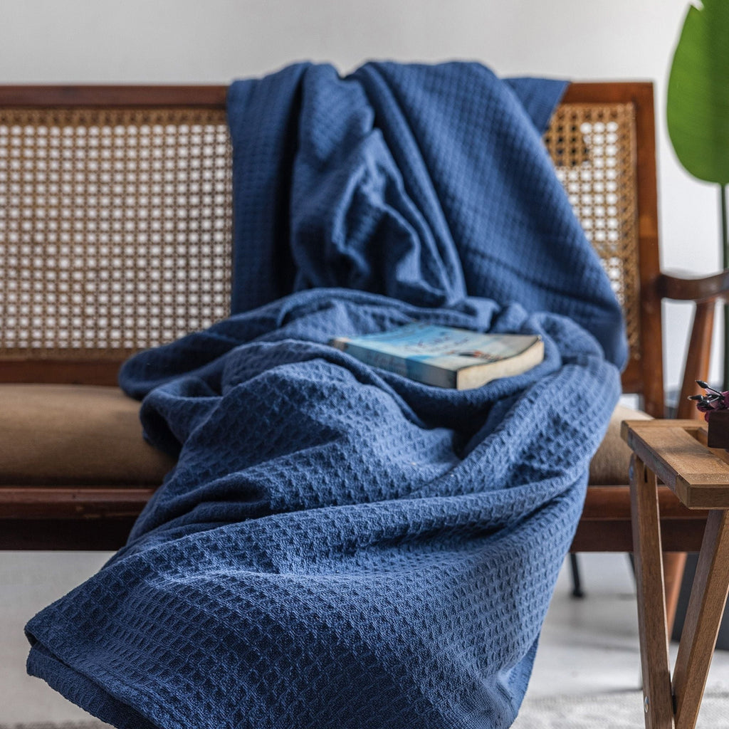 Decorative Knitted Twin Waffle Throw Blanket for Couch (68" x 92"), 100% Cotton Throw Blankets for Bed, Waffle Blanket for Bed (Navy) - Lightweight Plush Warm Blanket for All Seasons Detail