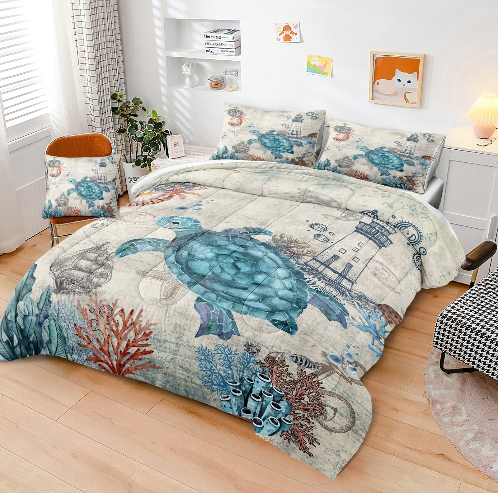 Heavyweight Warmth Sea Turtle Comforter Set Queen Ocean Beach Bedding Set Soft and Lightweight Retro Style Design Coastal Bedding Set - Cloud-Like Soft Lightweight Bed Comforter Detail