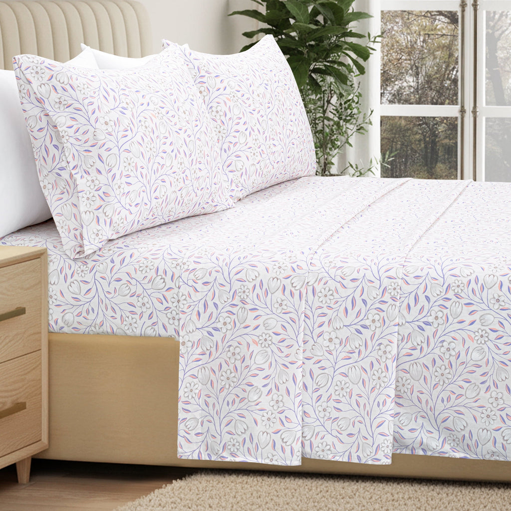 Wrinkle-Resistant 100% Cotton Full Size Sheets,4 Piece Pure Percale Bed Sheets Set Deep Pocket Fits Mattress Upto 15",floral vine pattern - Breathable Egyptian Cotton Flat & Fitted Sheets Detail