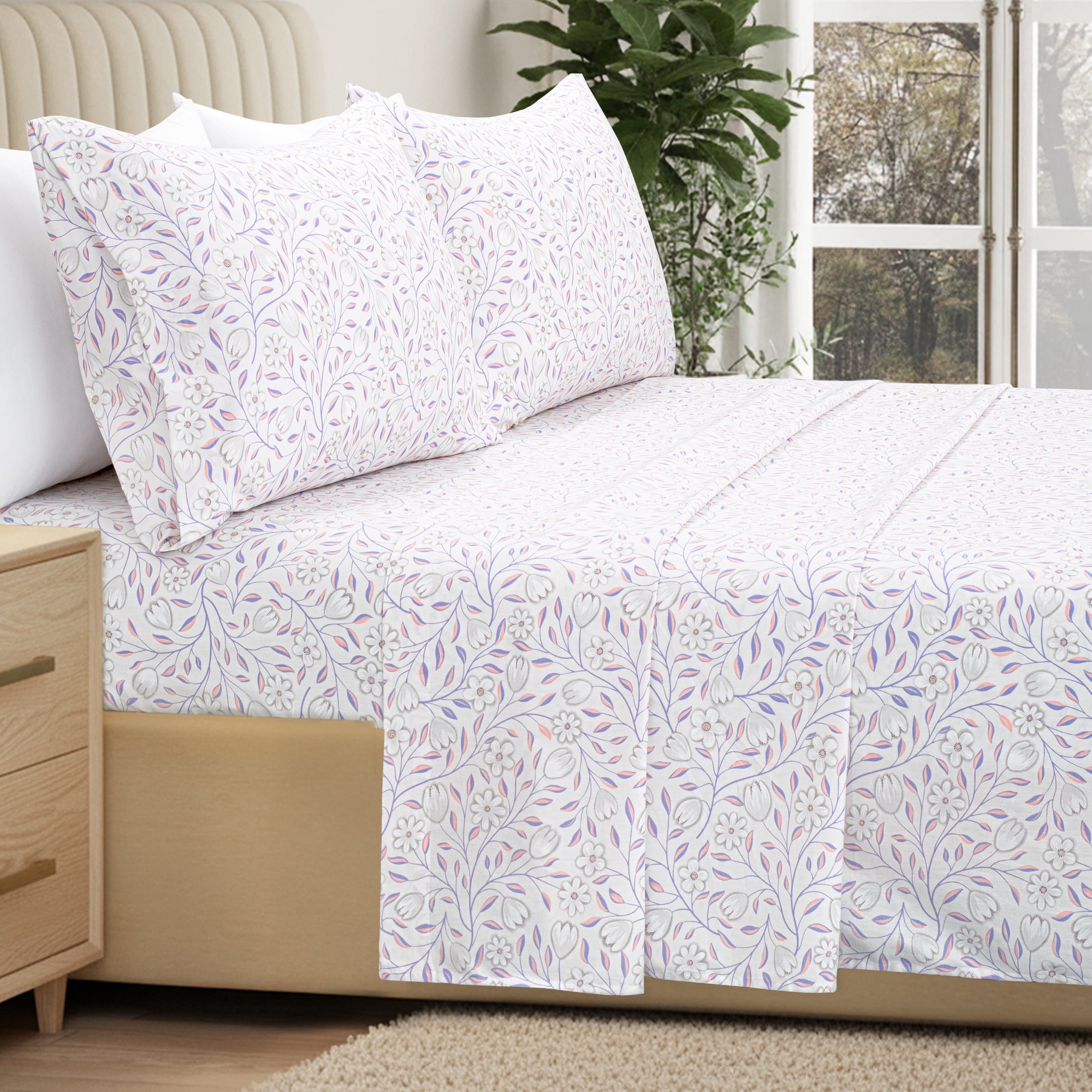 Wrinkle-Resistant 100% Cotton Full Size Sheets,4 Piece Pure Percale Bed Sheets Set Deep Pocket Fits Mattress Upto 15",floral vine pattern - Breathable Egyptian Cotton Flat & Fitted Sheets Detail