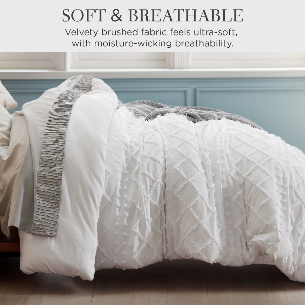 Hypoallergenic Cloud Queen Comforter Set, Boho Tufted Shabby Chic Bedding Comforter Set, 3 Pieces Farmhouse Bed Set for All Seasons, White... - Luxurious Quilted Duvet Cover Set Detail