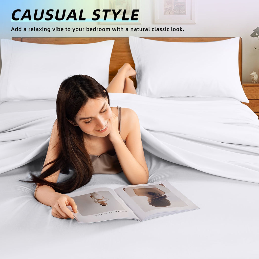 Premium Egyptian Cotton Bed Sheets Set, Microfiber Deep Pocket 4 Pieces Luxury Soft Sheet Set, Queen, White - Breathable Egyptian Cotton Flat & Fitted Sheets Detail